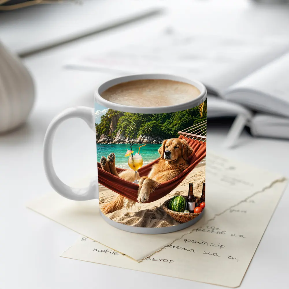 Golden Retriever Relaxing on Beach Hammock – Mugs