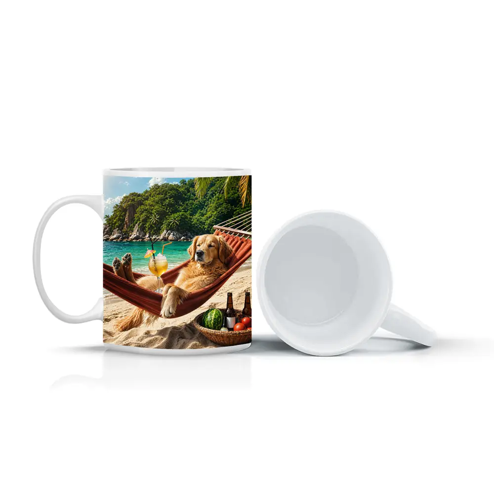 Golden Retriever Relaxing on Beach Hammock – Mugs