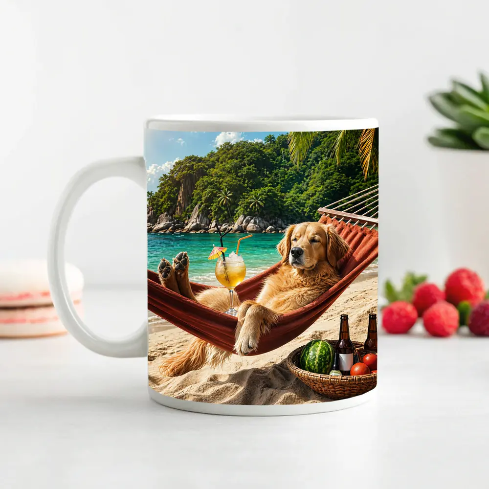 Golden Retriever Relaxing on Beach Hammock – Mugs
