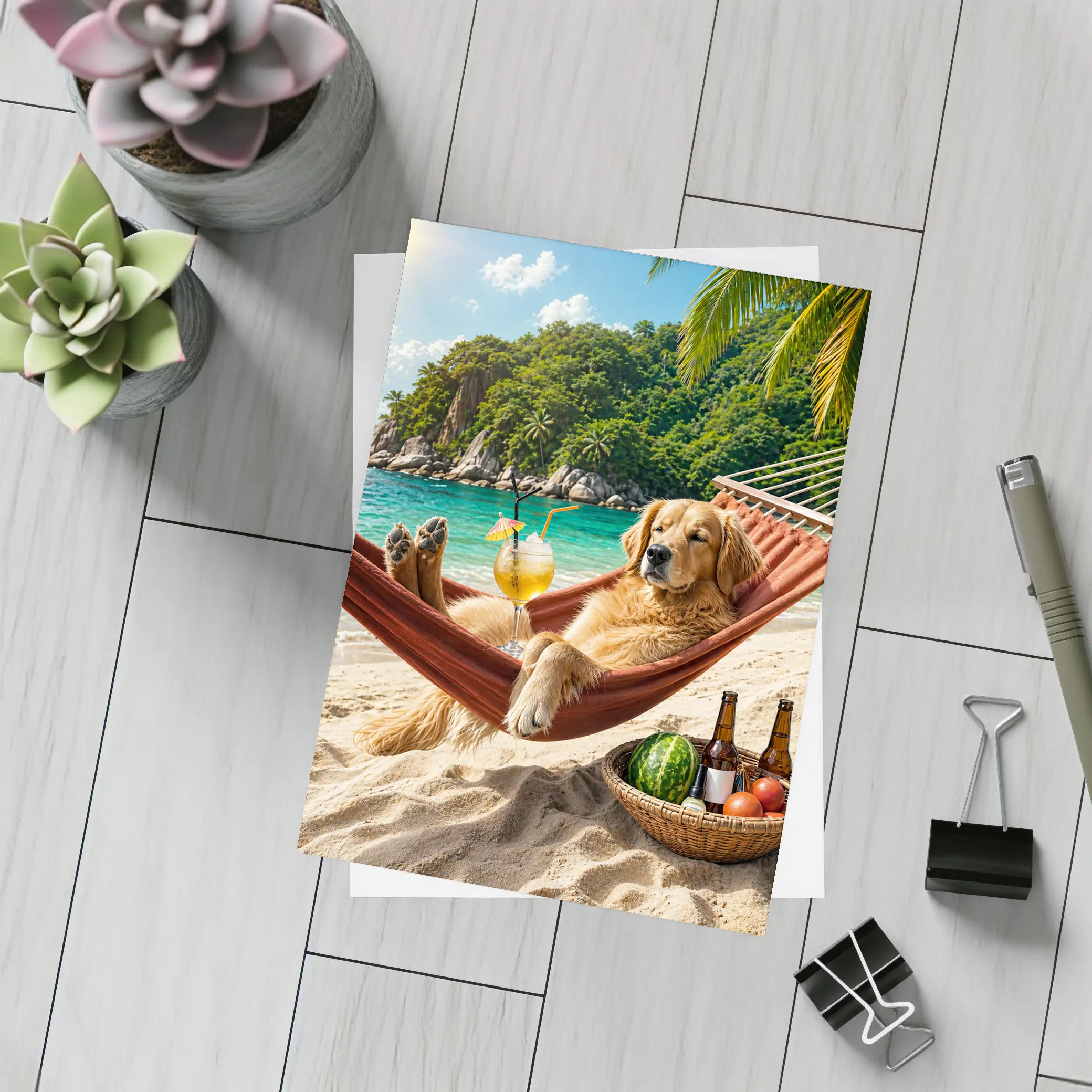 Golden Retriever Relaxing on Beach Hammock – Postcards