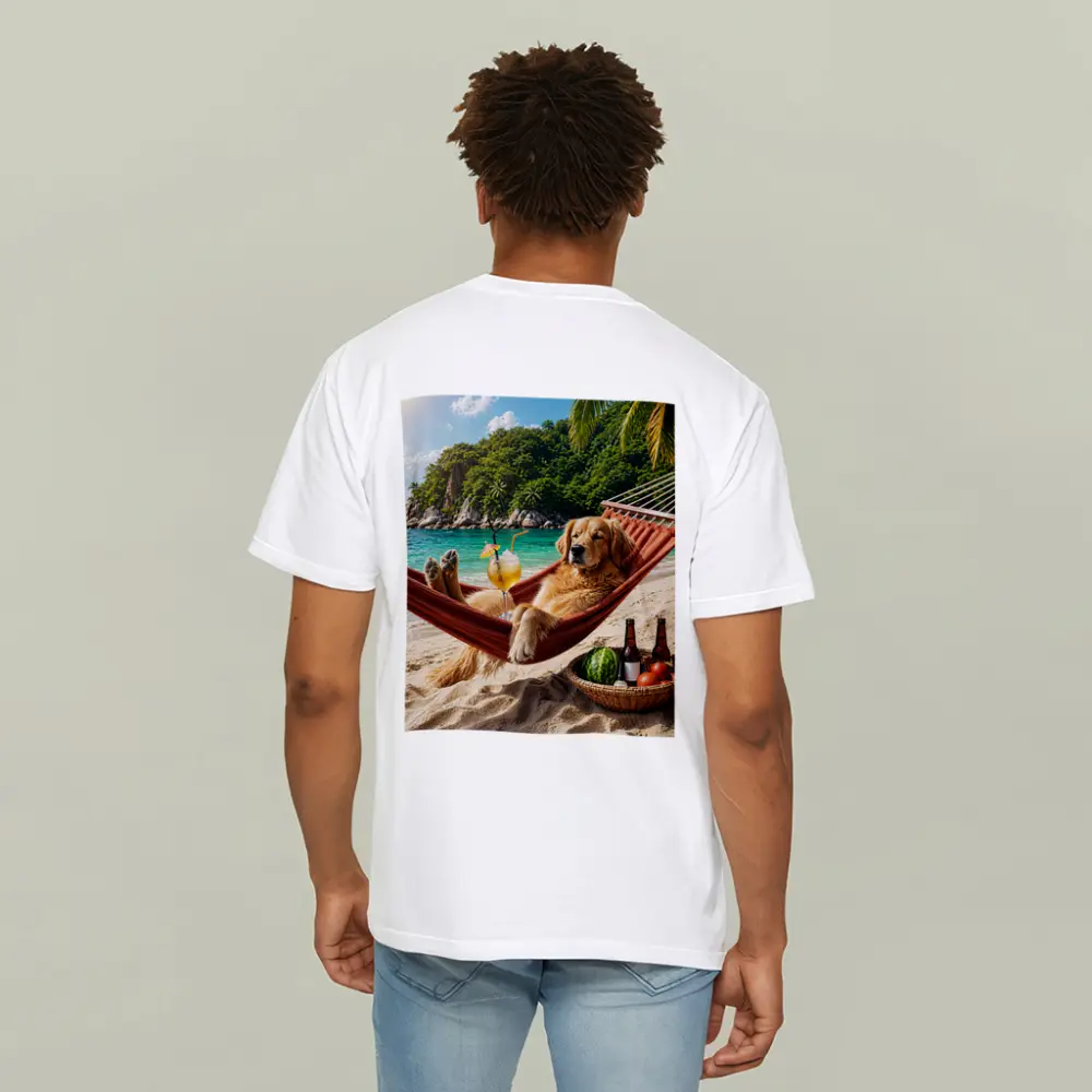 Golden Retriever Relaxing on Beach Hammock – T-Shirts