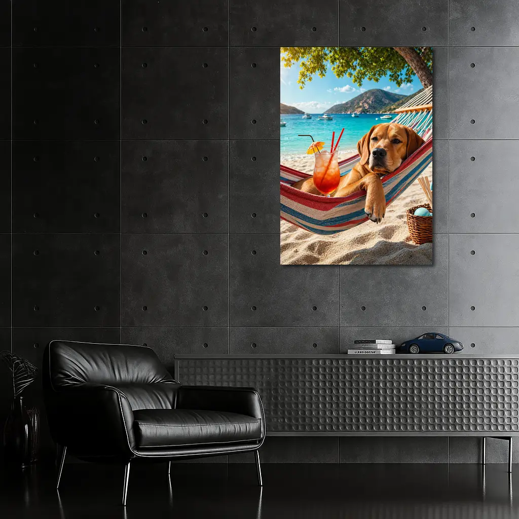 Labrador Relaxing in Beach Hammock with Cocktail – Wall Art