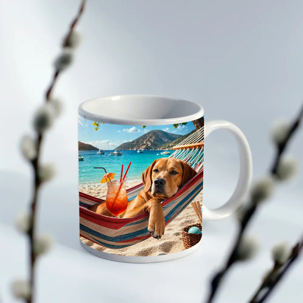 Labrador Relaxing in Beach Hammock with Cocktail – Mugs