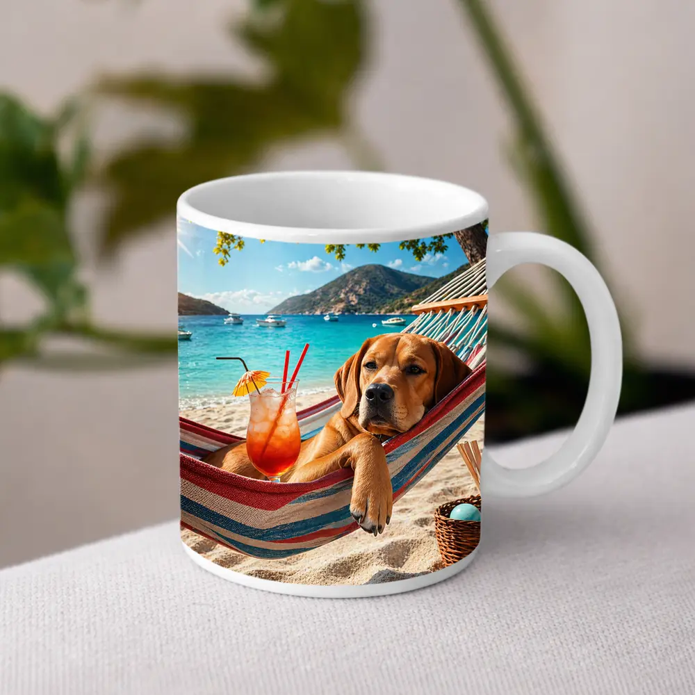 Labrador Relaxing in Beach Hammock with Cocktail – Mugs
