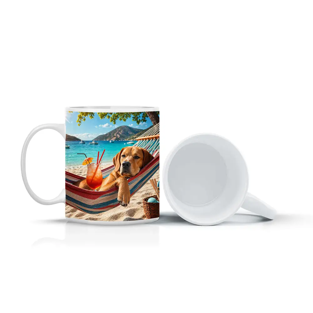 Labrador Relaxing in Beach Hammock with Cocktail – Mugs