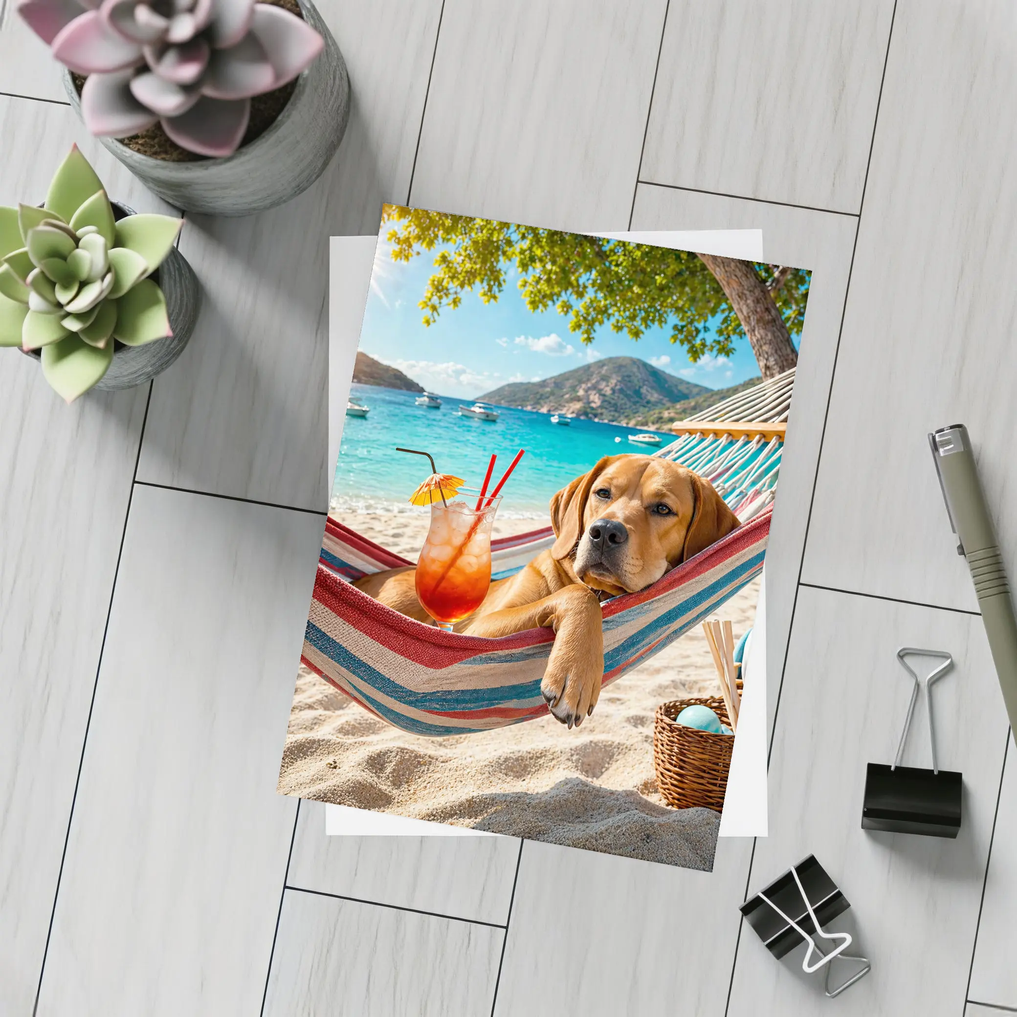 Labrador Relaxing in Beach Hammock with Cocktail – Postcards