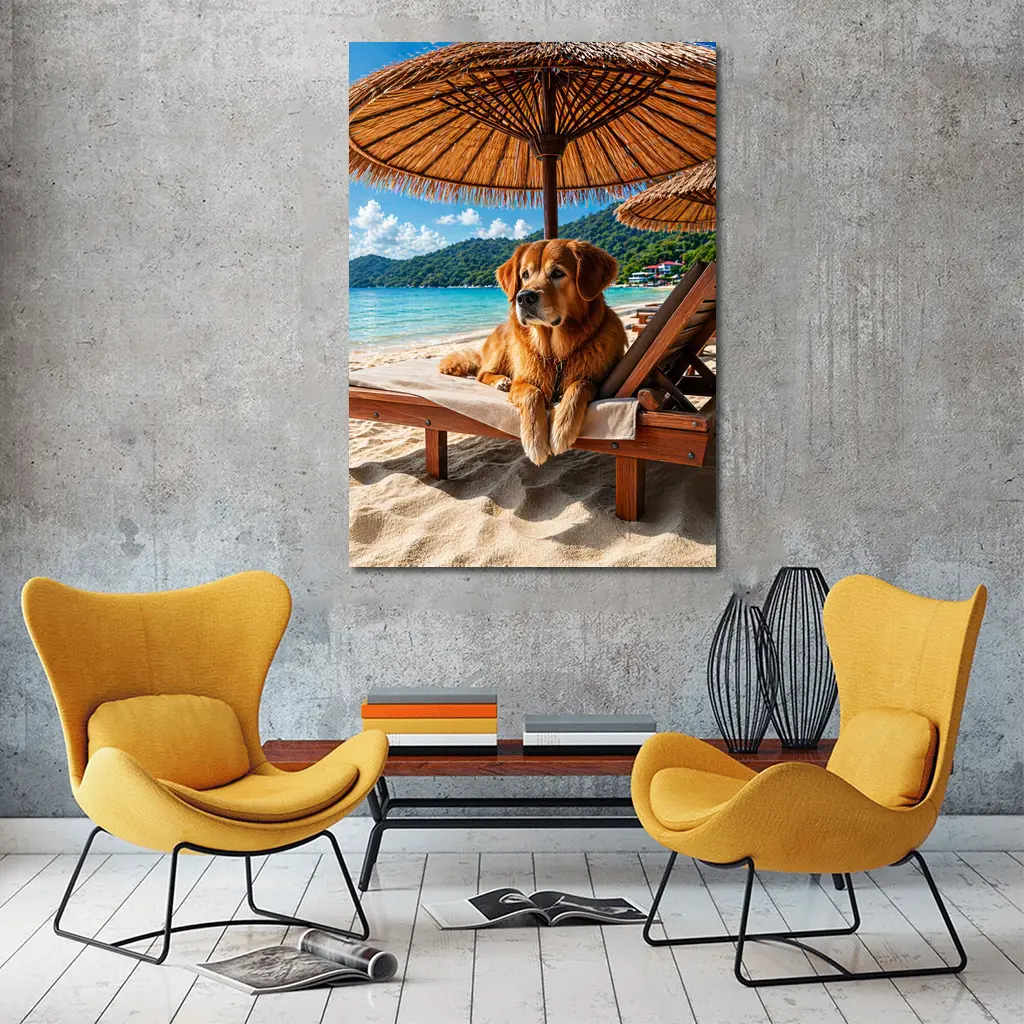 Golden Retriever Relaxing on Beach Sunbed – Wall Art
