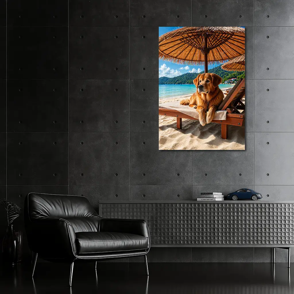 Golden Retriever Relaxing on Beach Sunbed – Wall Art