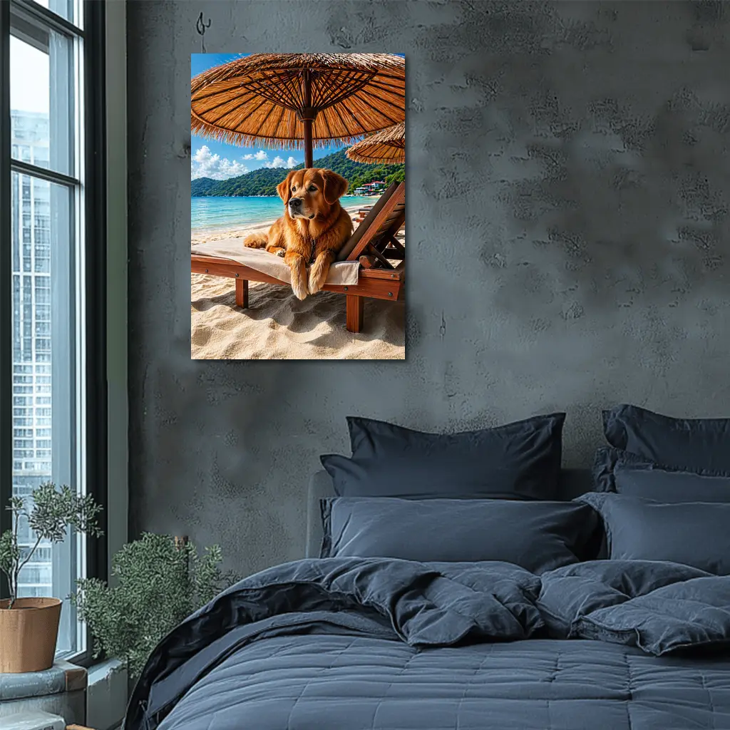 Golden Retriever Relaxing on Beach Sunbed – Wall Art