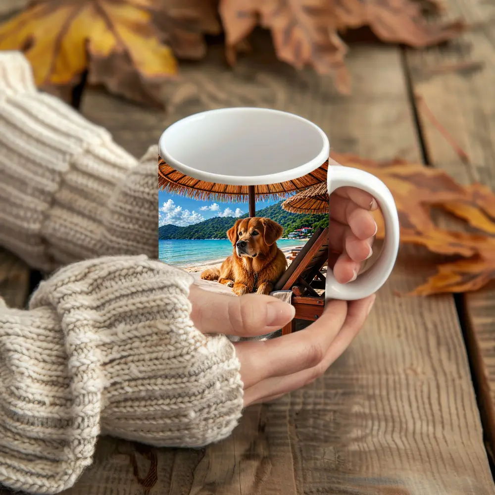 Golden Retriever Relaxing on Beach Sunbed – Mugs