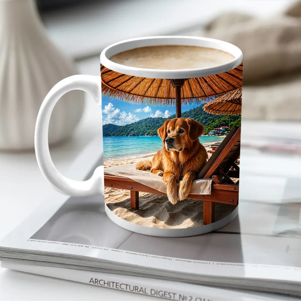 Golden Retriever Relaxing on Beach Sunbed – Mugs