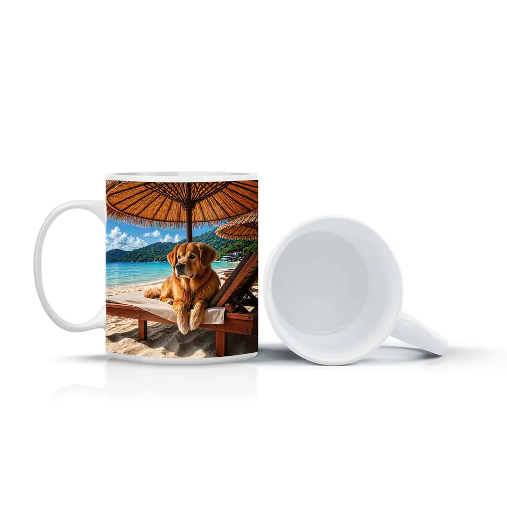 Golden Retriever Relaxing on Beach Sunbed – Mugs