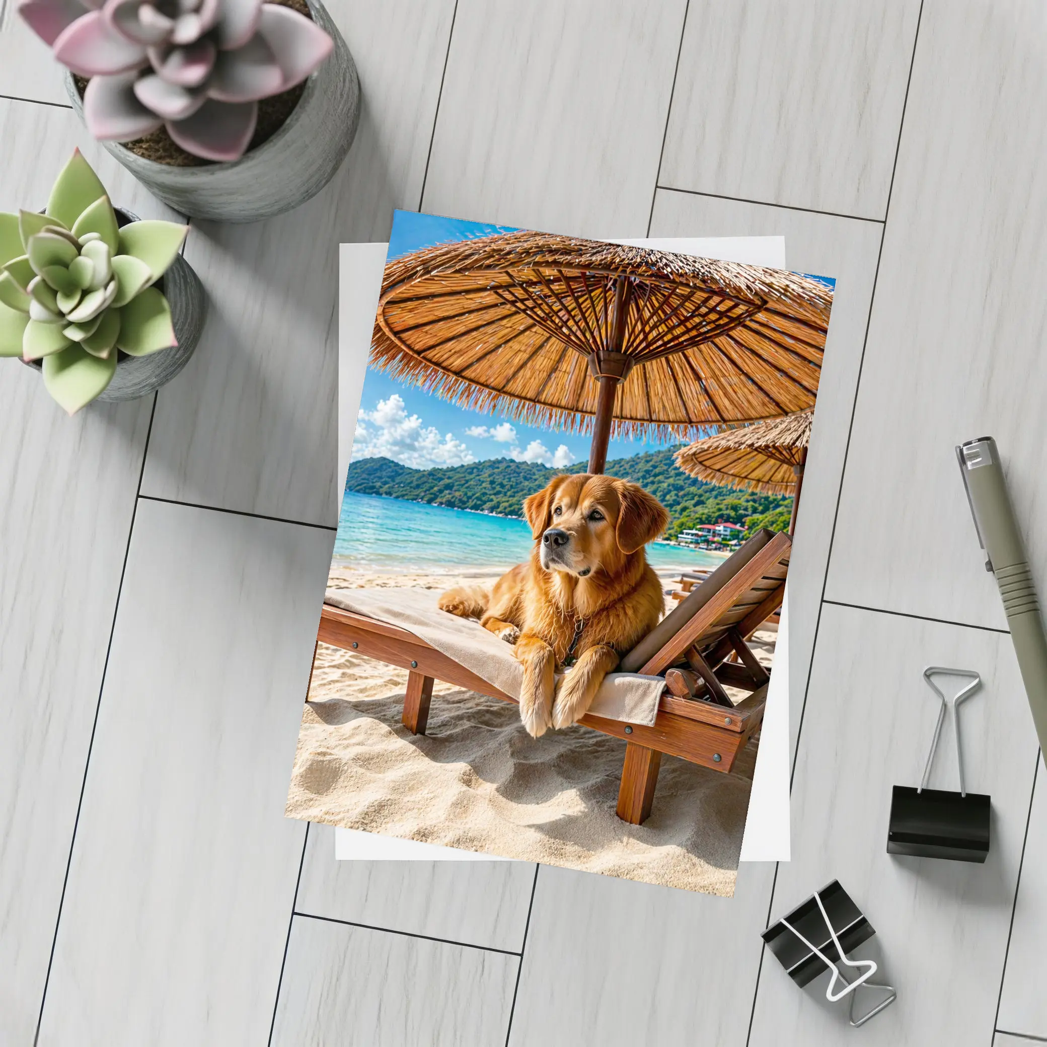 Golden Retriever Relaxing on Beach Sunbed – Postcards