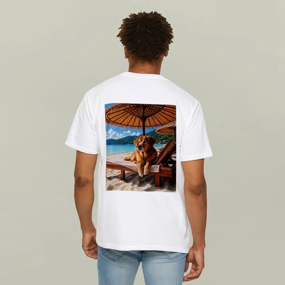 Golden Retriever Relaxing on Beach Sunbed – T-Shirts
