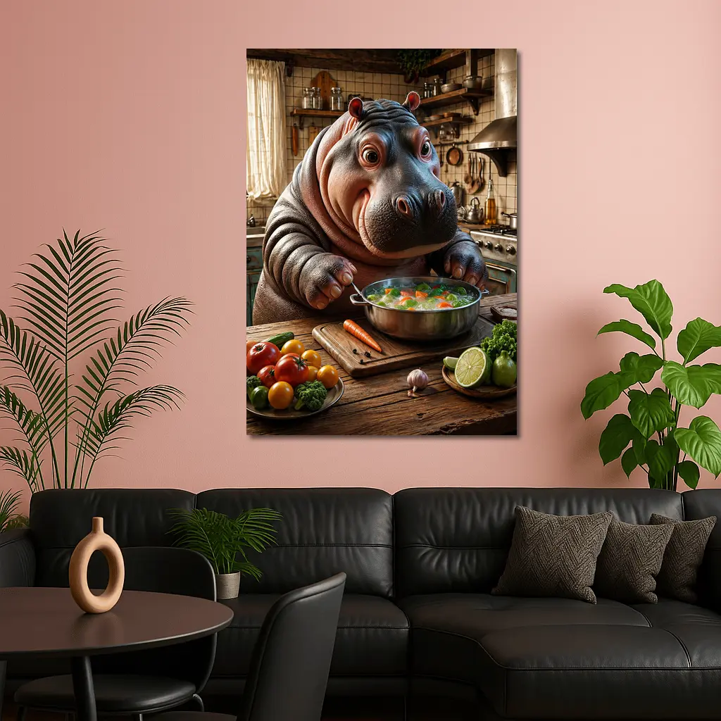 Hippo Chef Cooking Vegetable Soup Rustic Kitchen – Wall Art