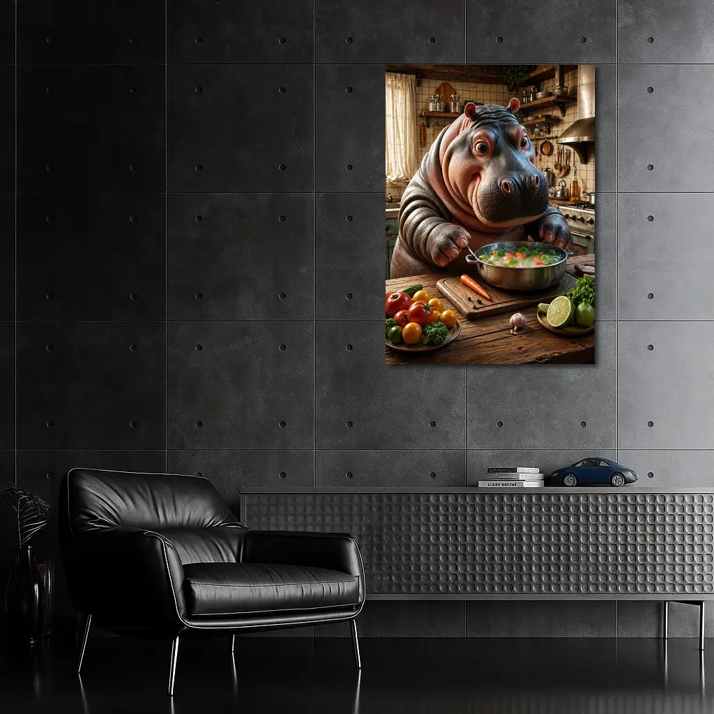 Hippo Chef Cooking Vegetable Soup Rustic Kitchen – Wall Art