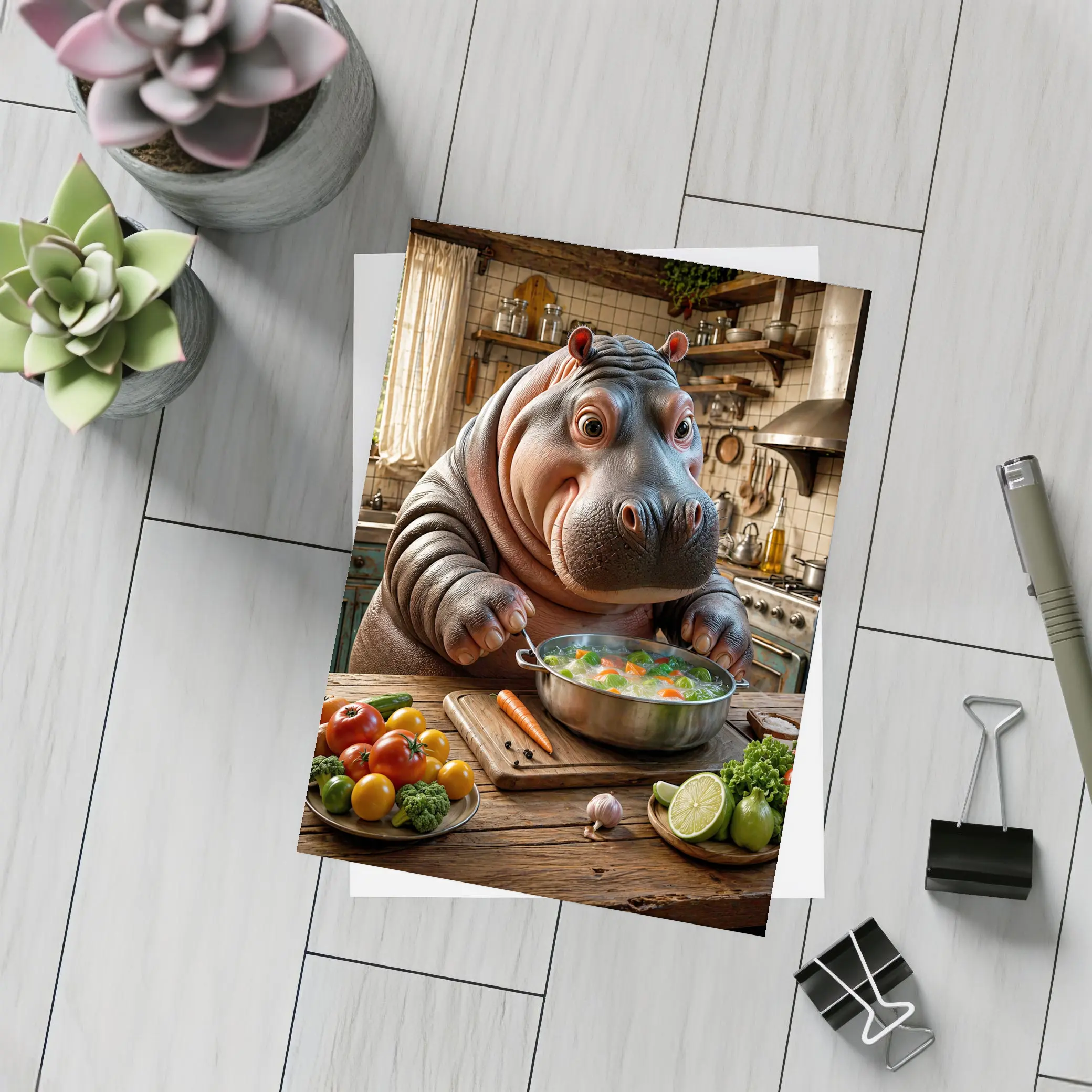 Hippo Chef Cooking Vegetable Soup Rustic Kitchen – Postcards