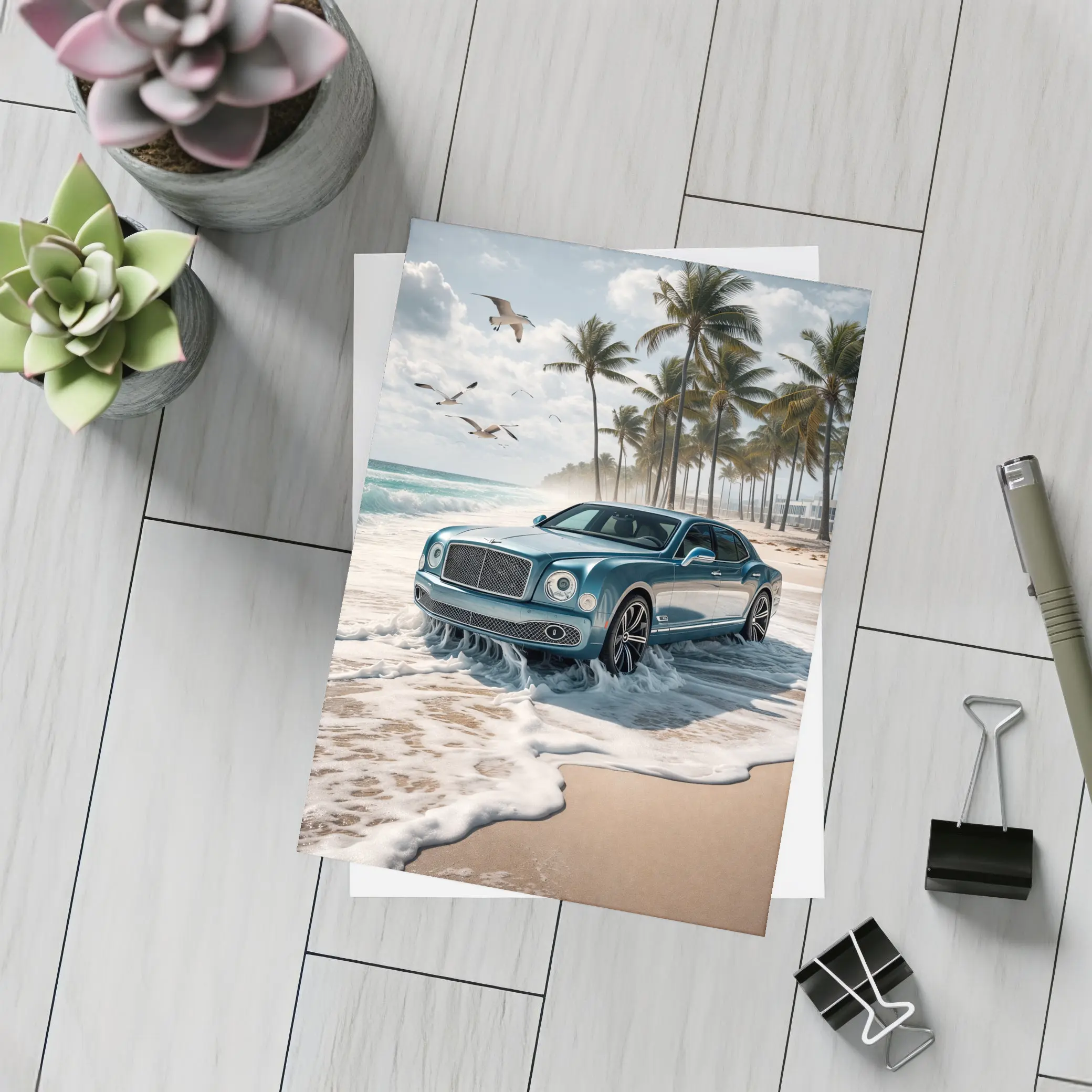 Bentley Mulsanne Blue Luxury Car Beach – Postcards