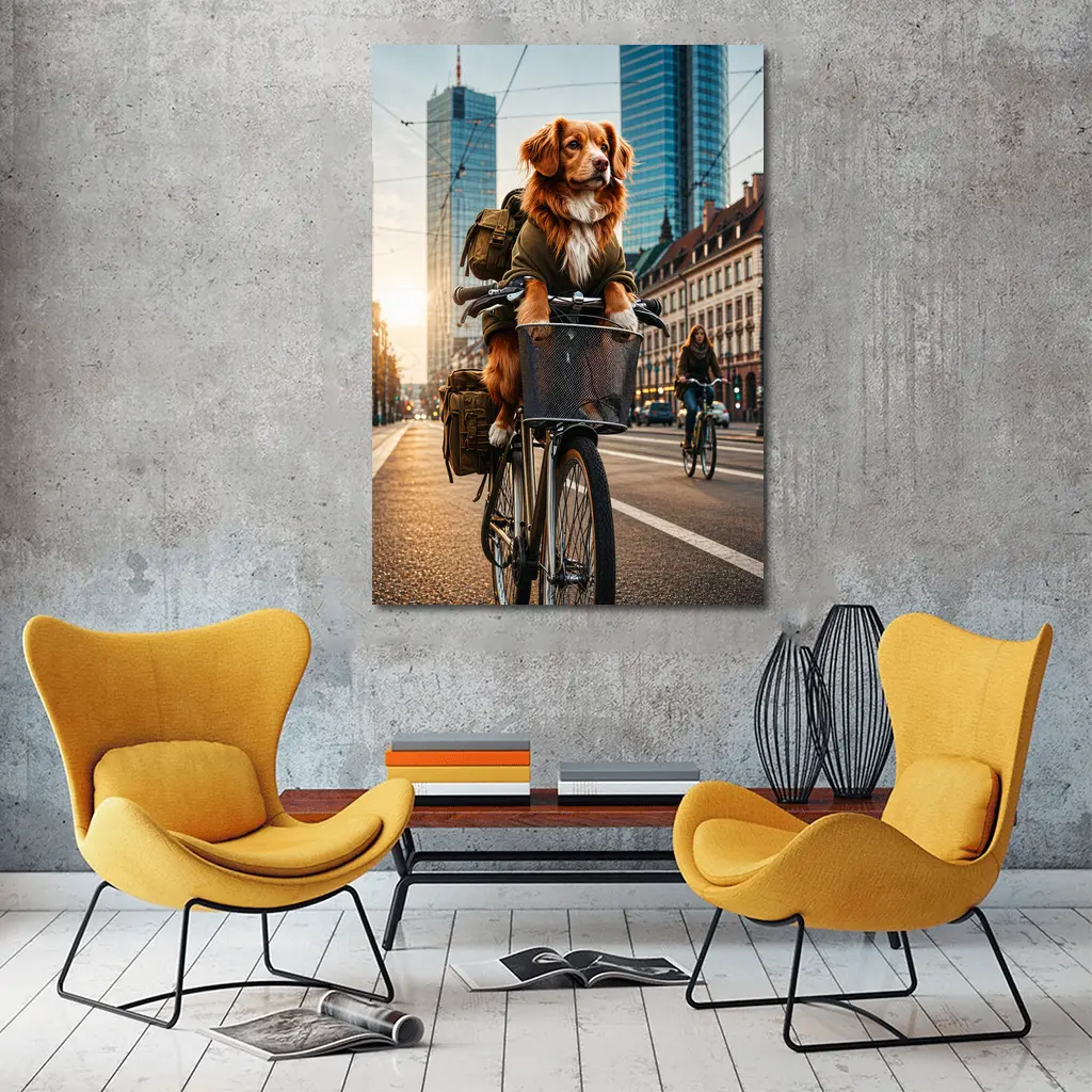 Golden Dog Riding Bicycle City Street – Wall Art