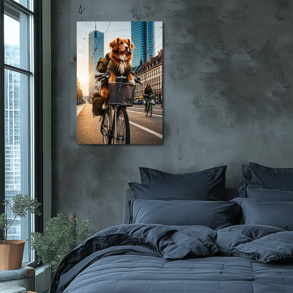 Golden Dog Riding Bicycle City Street – Wall Art