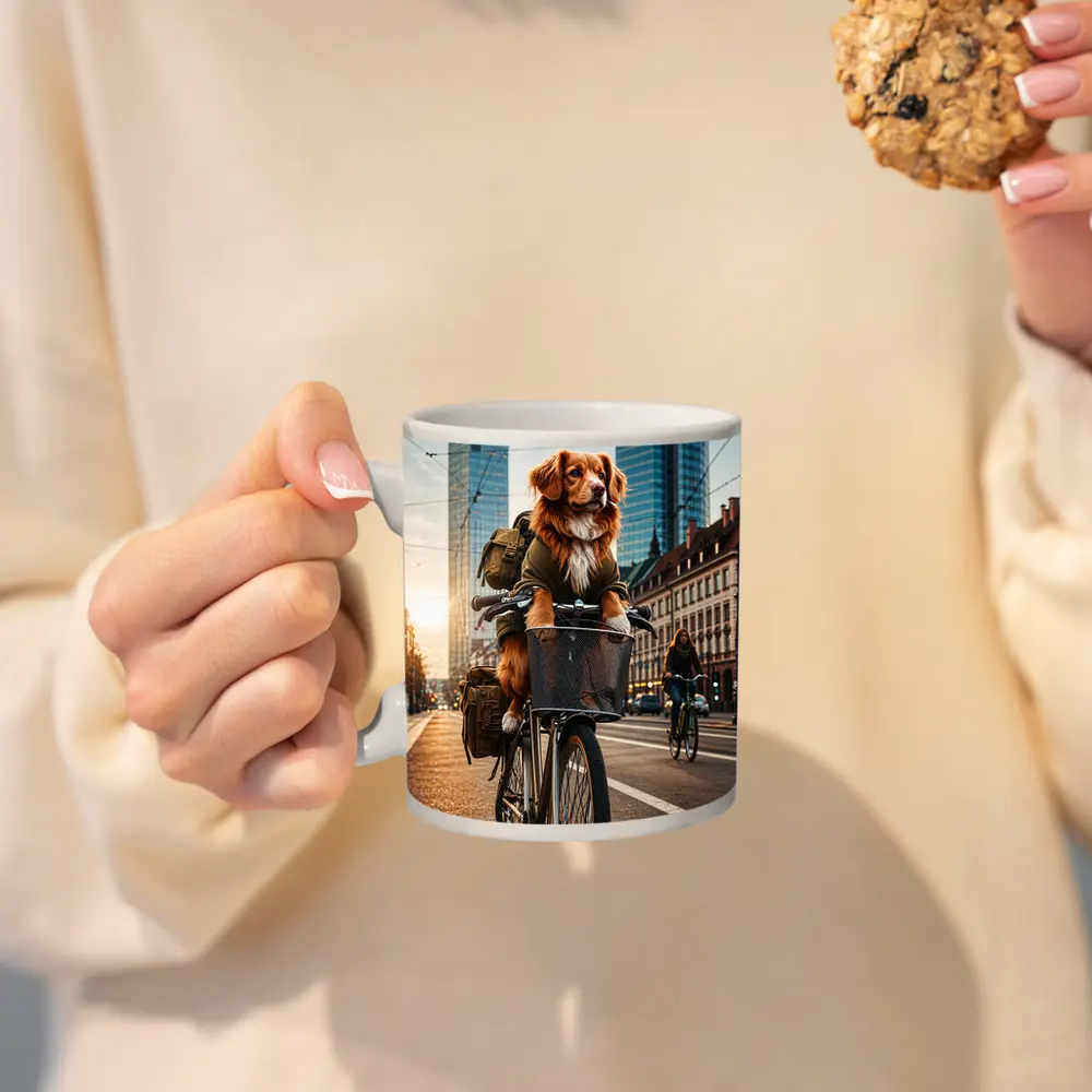 Golden Dog Riding Bicycle City Street – Mugs