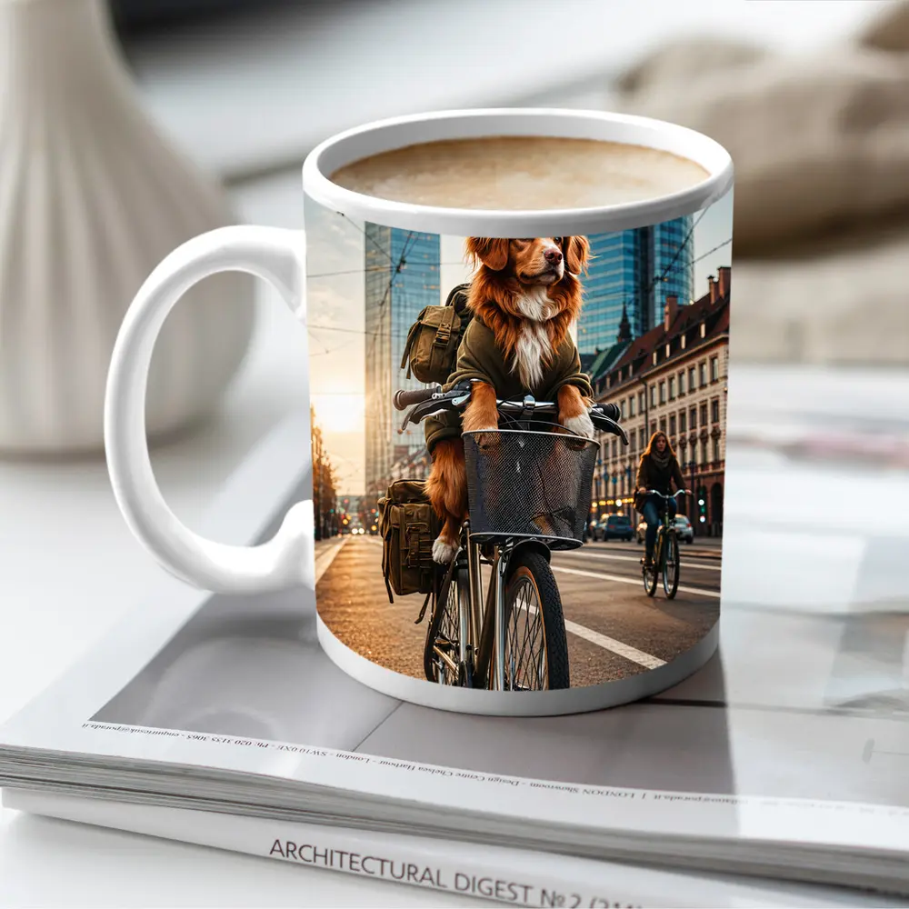 Golden Dog Riding Bicycle City Street – Mugs