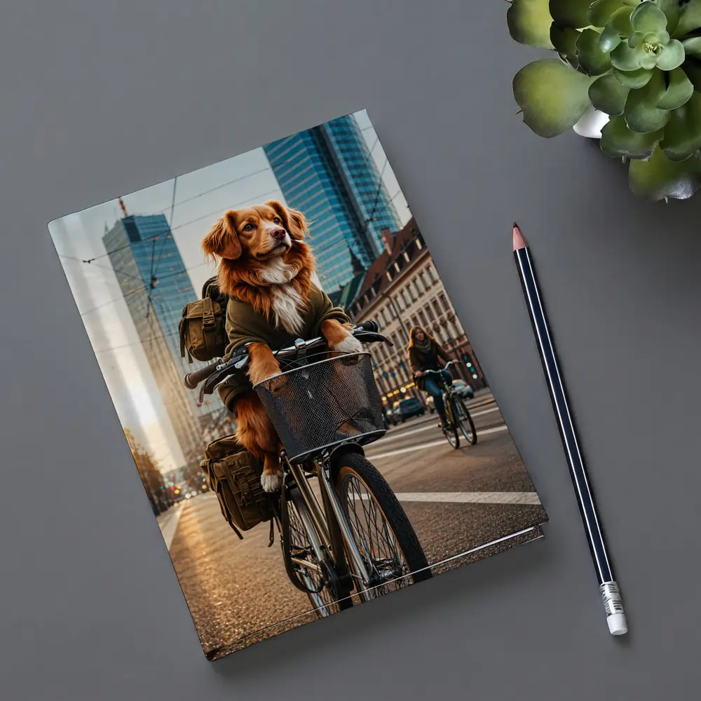 Golden Dog Riding Bicycle City Street – Notebooks