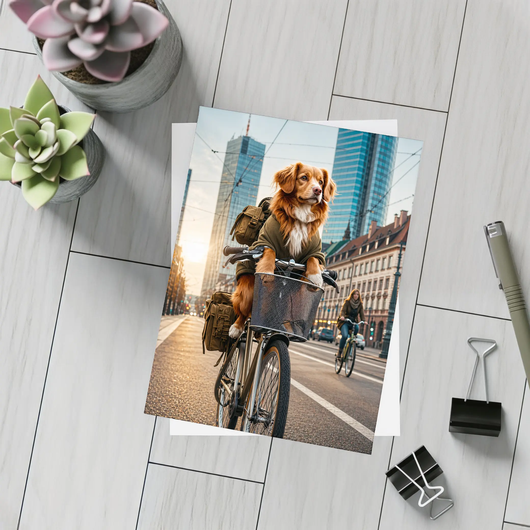 Golden Dog Riding Bicycle City Street – Postcards