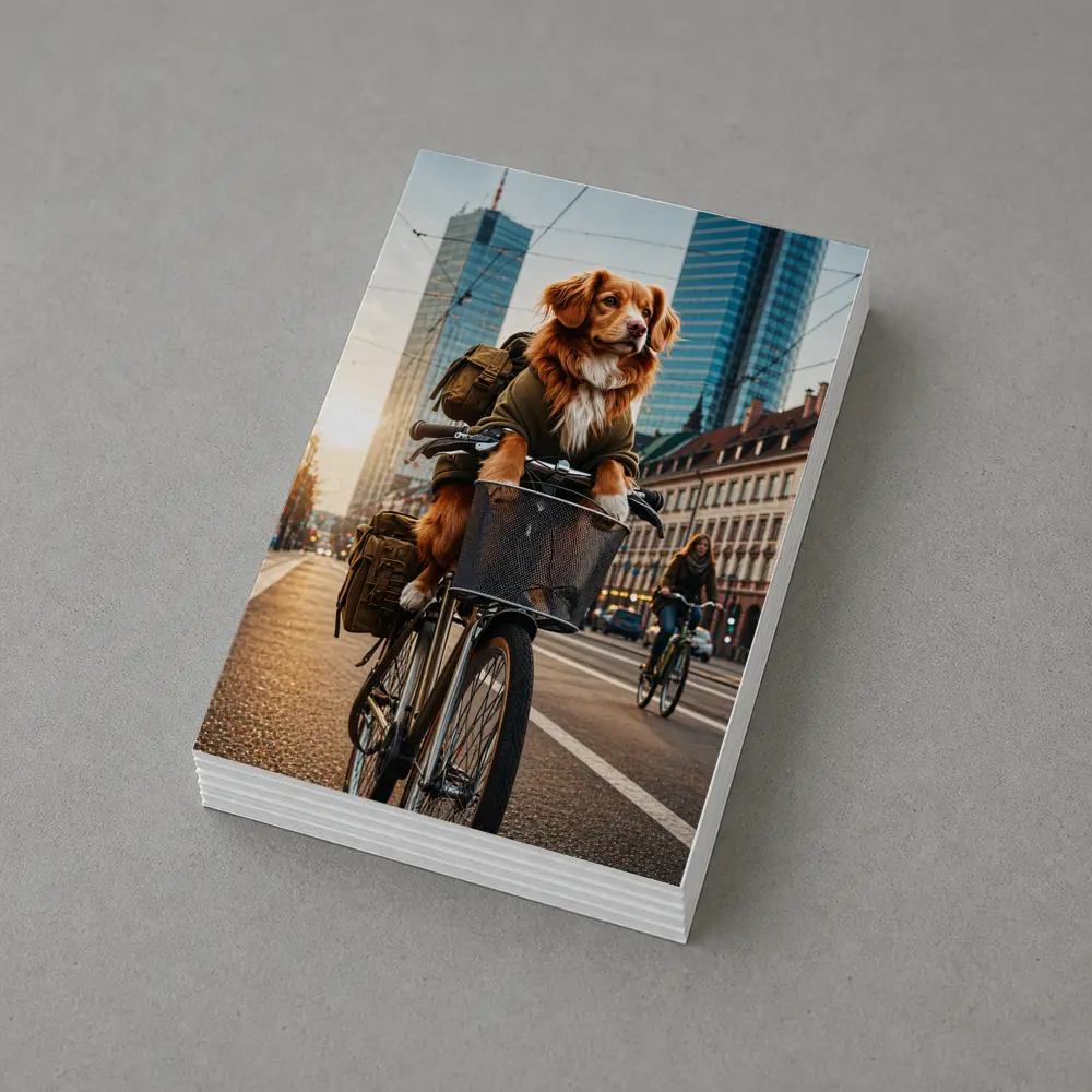 Golden Dog Riding Bicycle City Street – Postcards