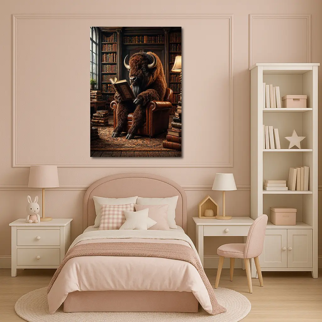 Bison Reading Book in Cozy Library – Wall Art