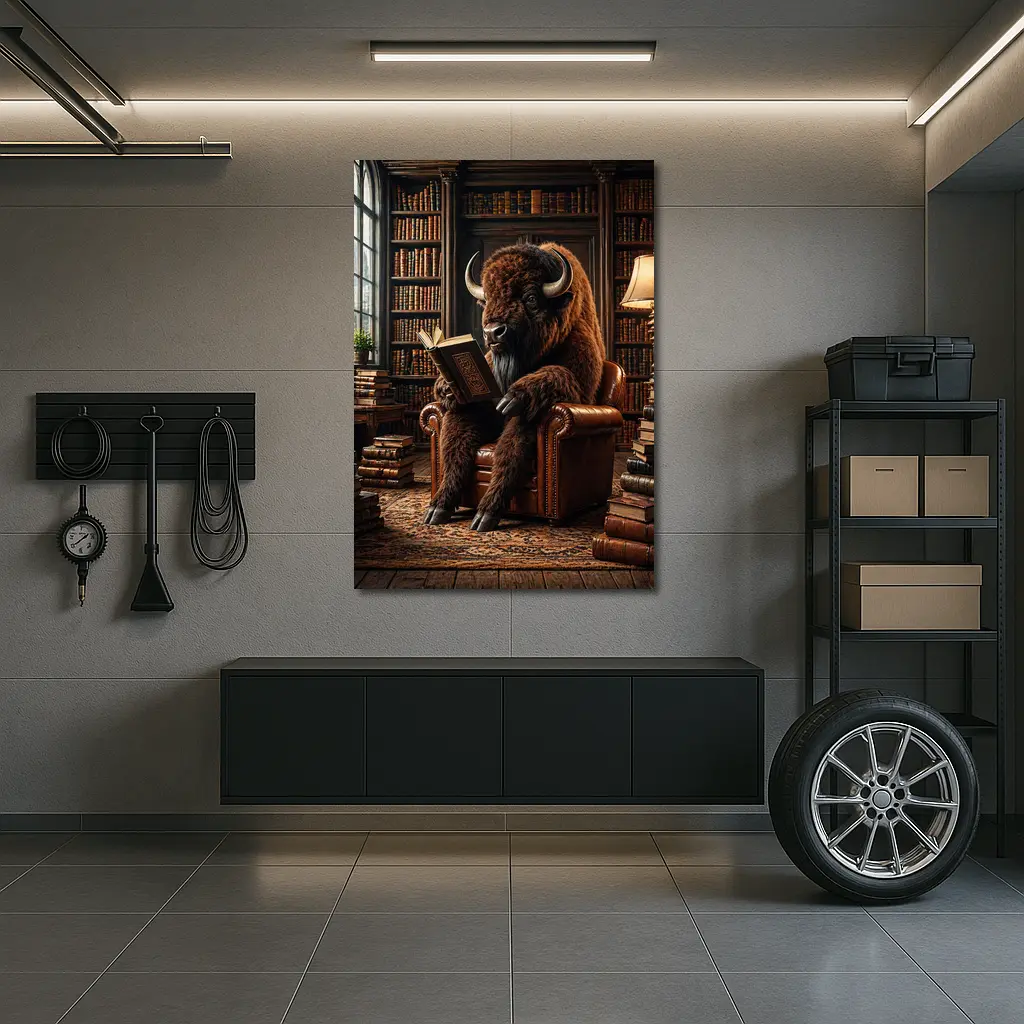 Bison Reading Book in Cozy Library – Wall Art