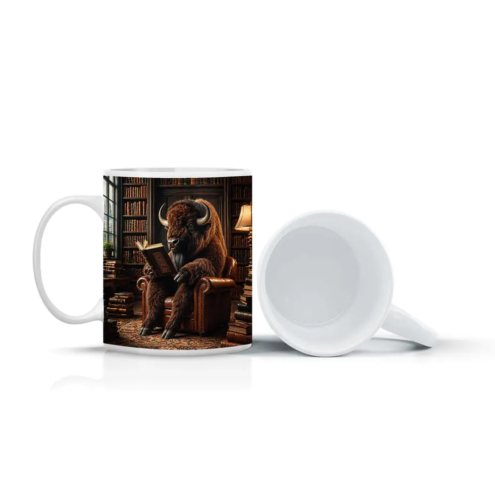 Bison Reading Book in Cozy Library – Mugs