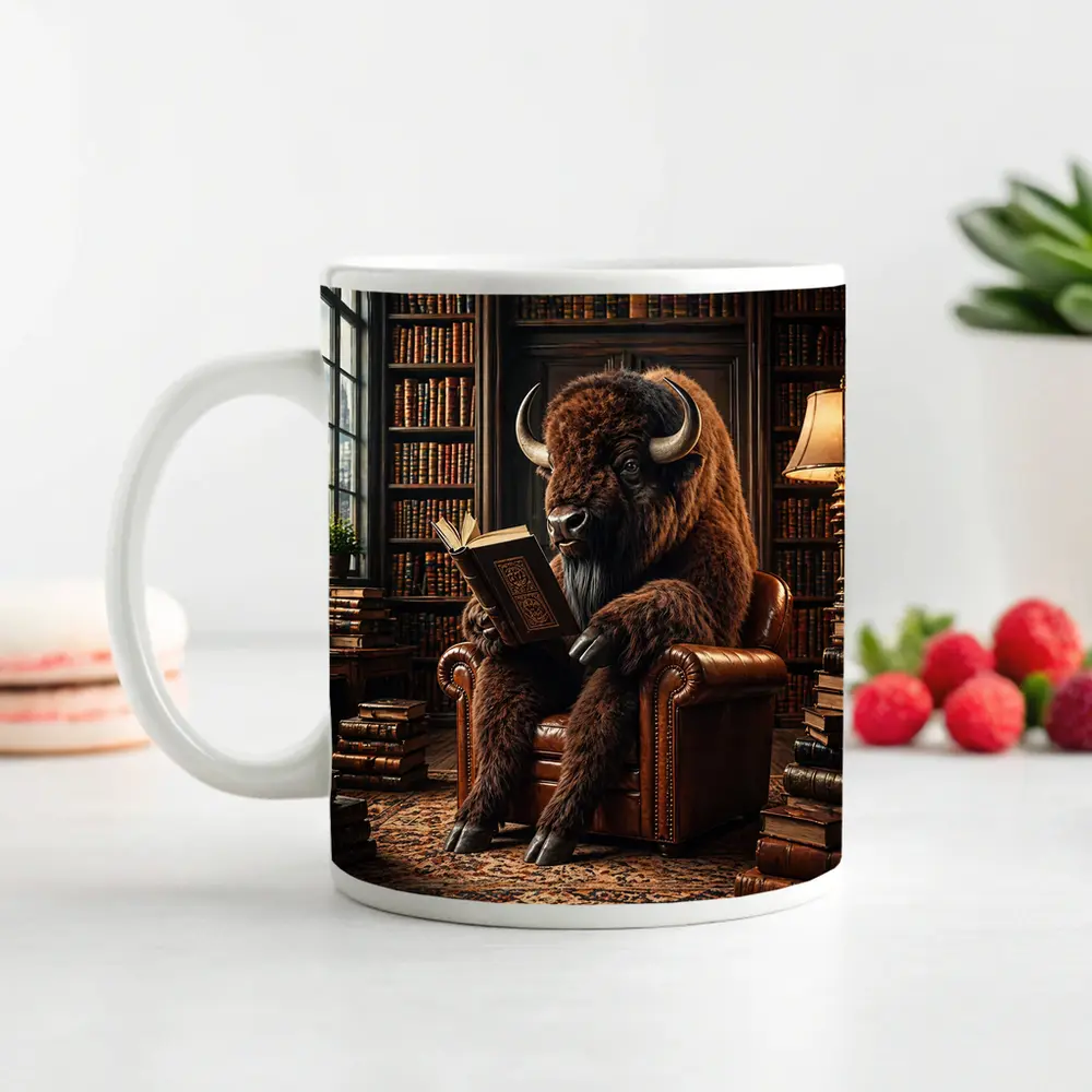 Bison Reading Book in Cozy Library – Mugs