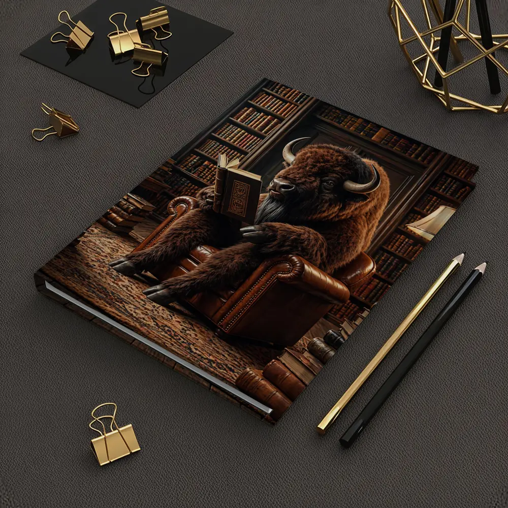 Bison Reading Book in Cozy Library – Notebooks