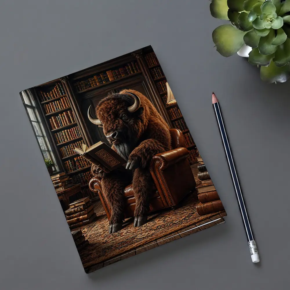 Bison Reading Book in Cozy Library – Notebooks