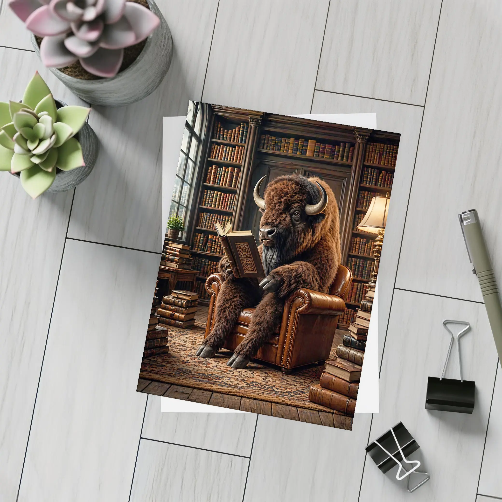 Bison Reading Book in Cozy Library – Postcards