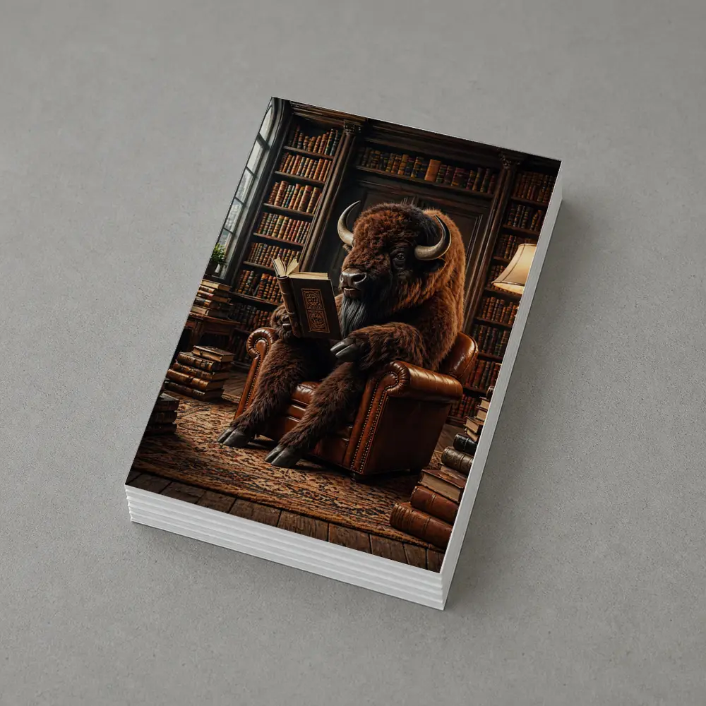 Bison Reading Book in Cozy Library – Postcards