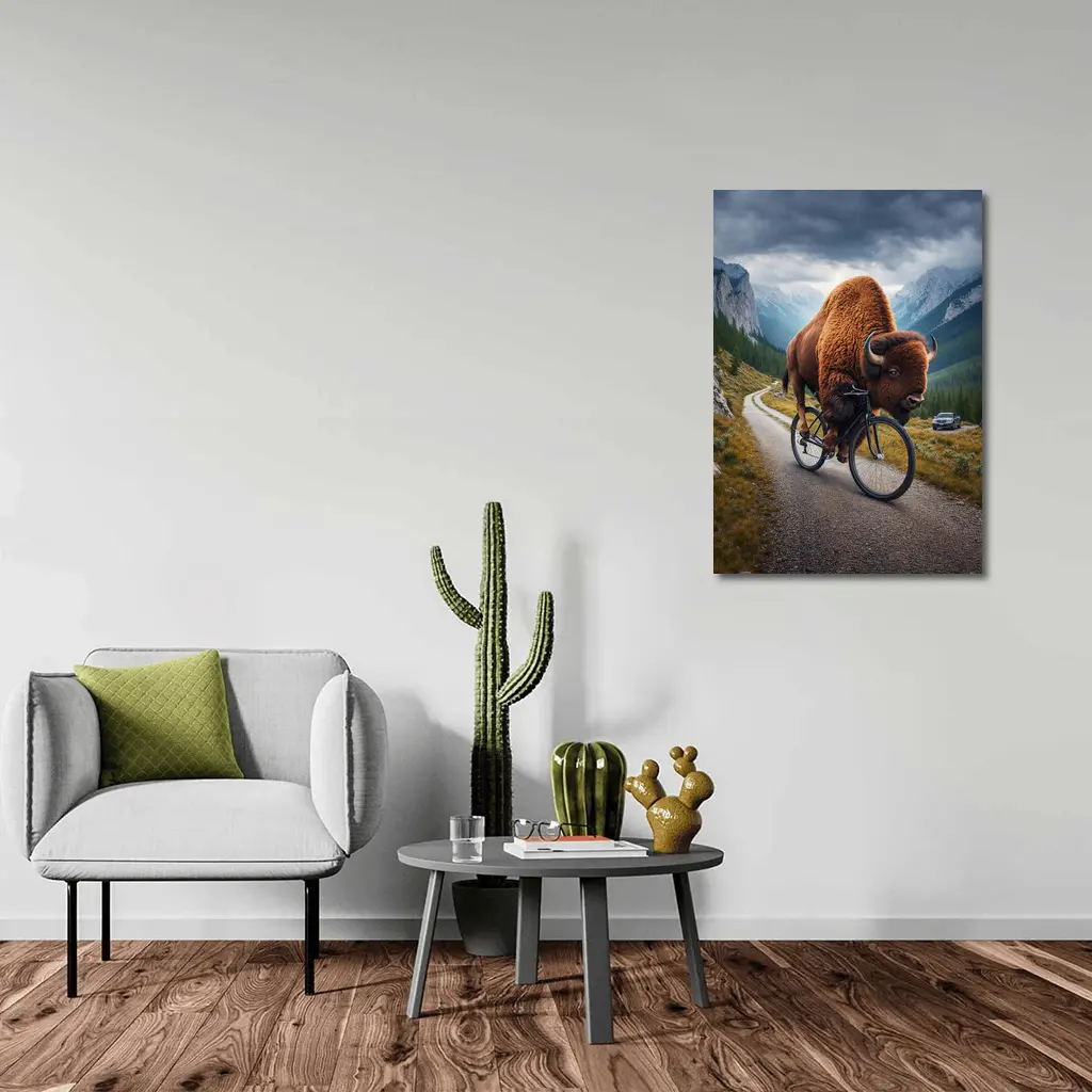 Bison Riding Bicycle on Mountain Road – Wall Art