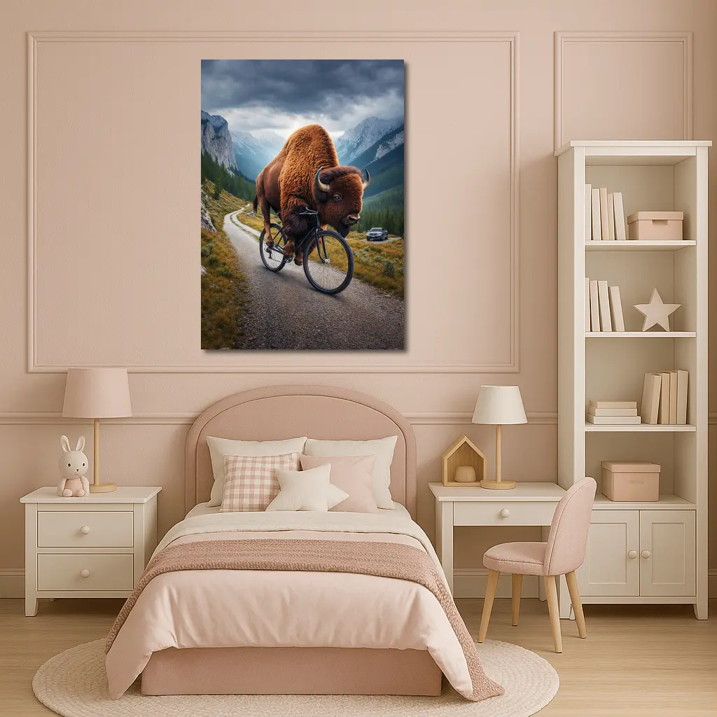 Bison Riding Bicycle on Mountain Road – Wall Art