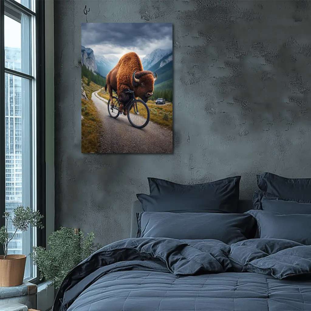 Bison Riding Bicycle on Mountain Road – Wall Art