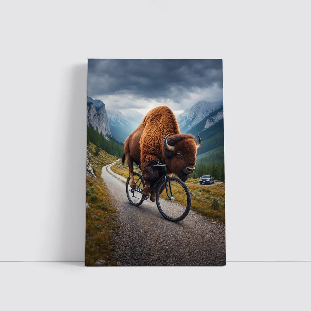Bison Riding Bicycle on Mountain Road – Wall Art
