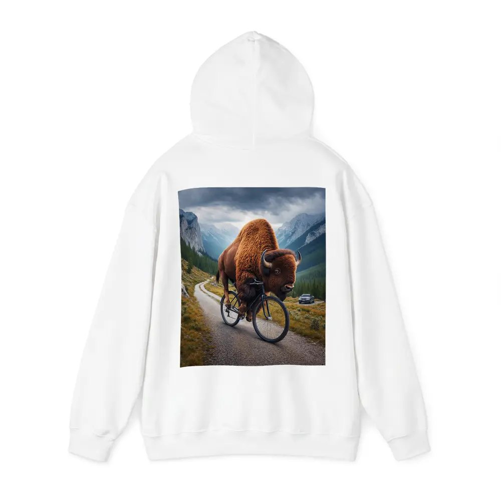 Bison Riding Bicycle on Mountain Road – Hoodies