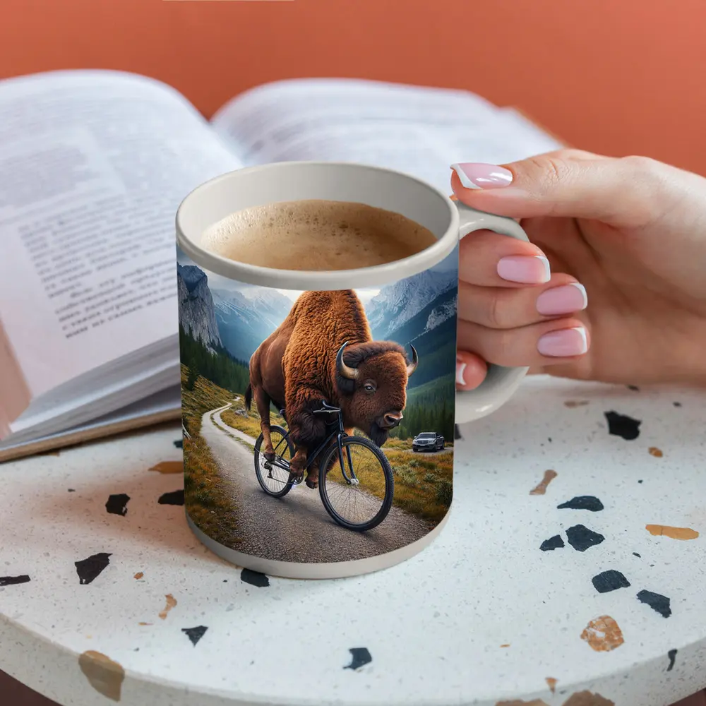 Bison Riding Bicycle on Mountain Road – Mugs