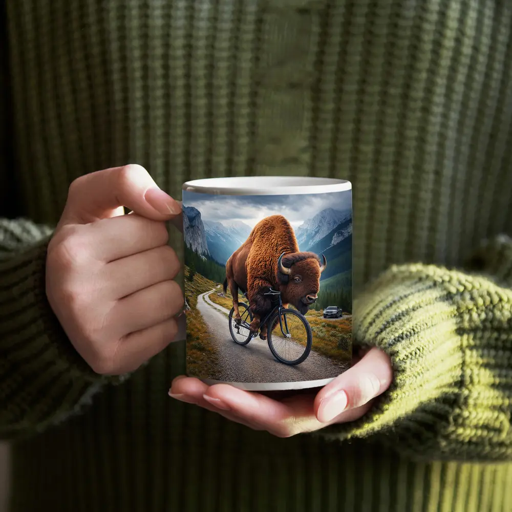 Bison Riding Bicycle on Mountain Road – Mugs