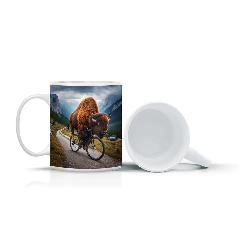 Bison Riding Bicycle on Mountain Road – Mugs