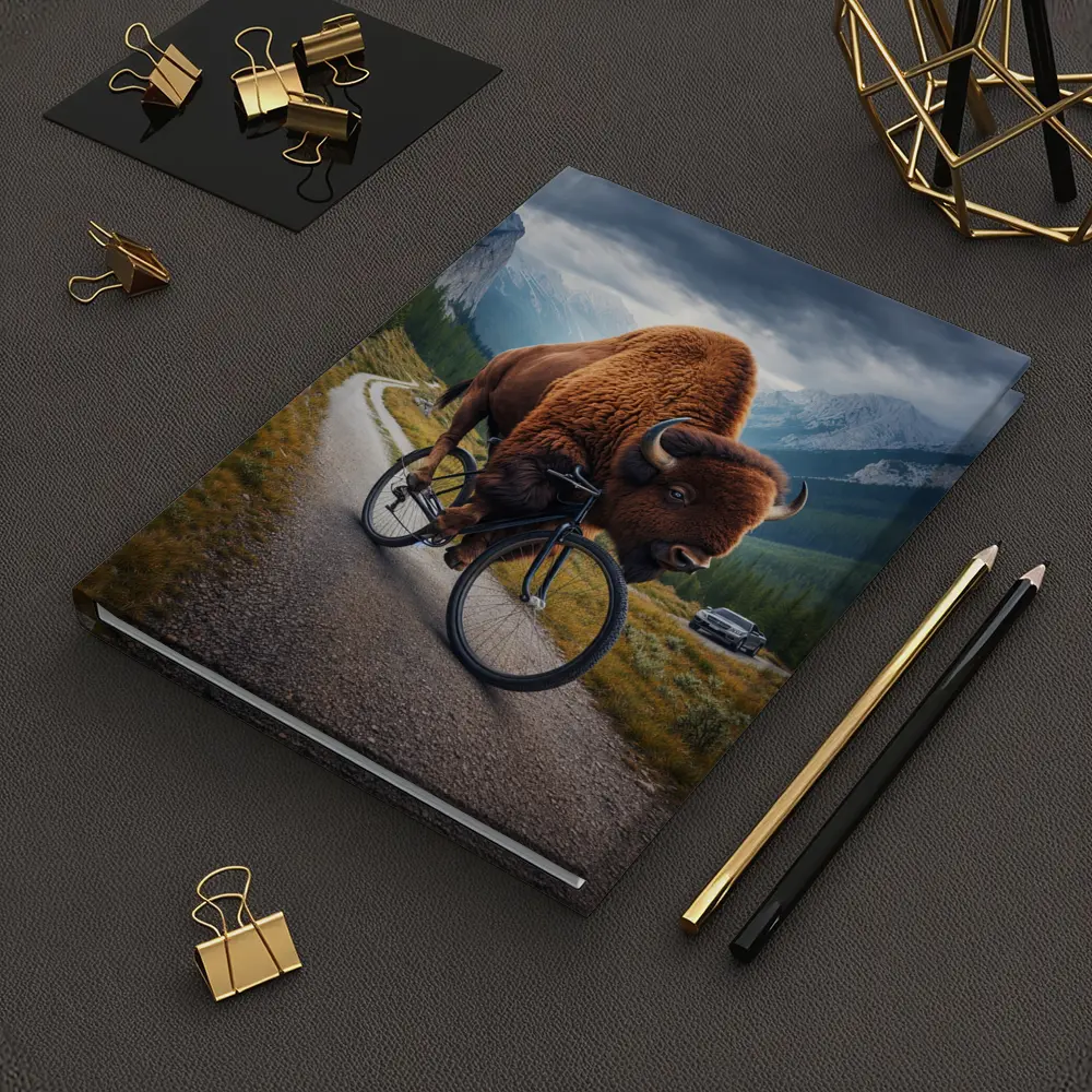 Bison Riding Bicycle on Mountain Road – Notebooks