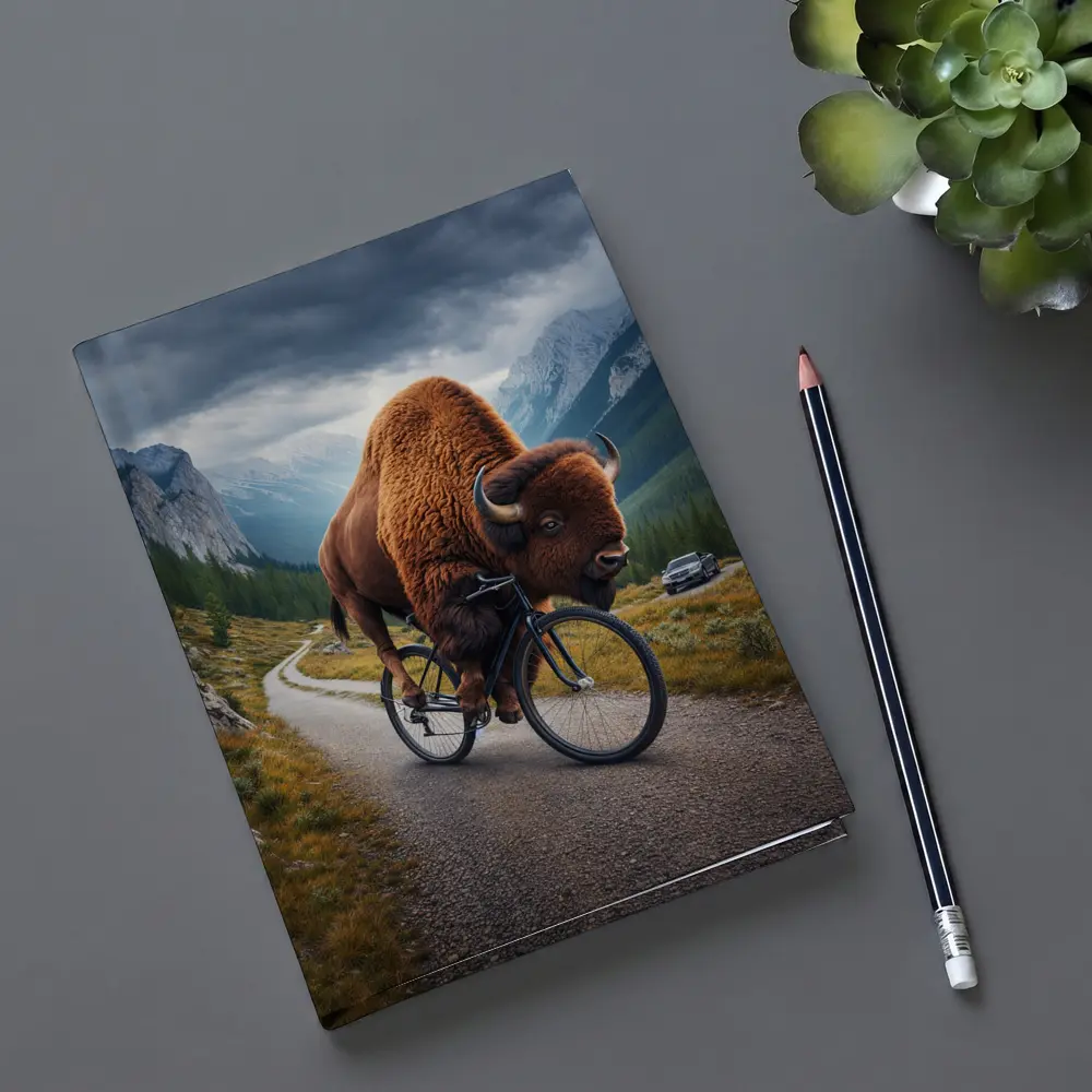 Bison Riding Bicycle on Mountain Road – Notebooks