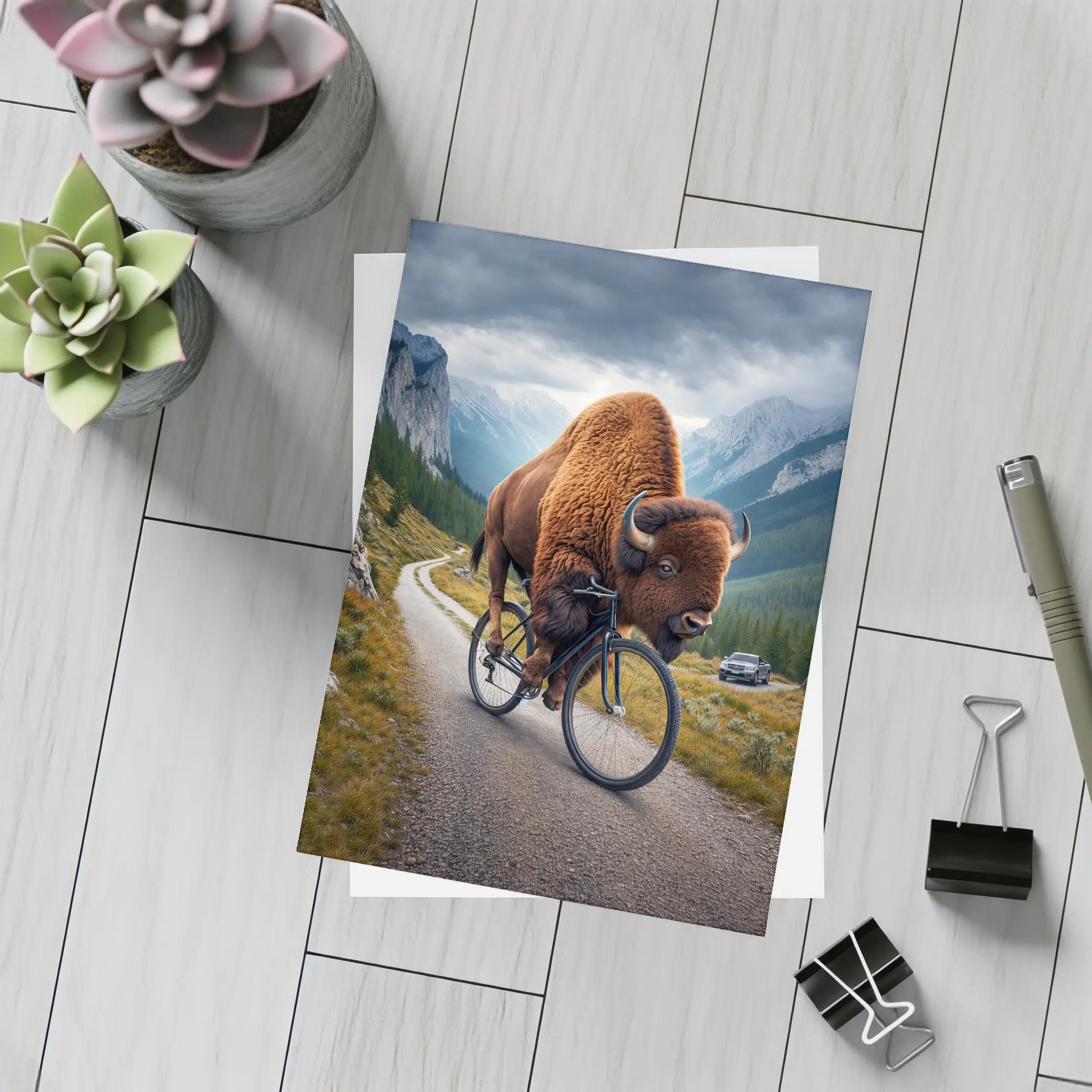 Bison Riding Bicycle on Mountain Road – Postcards