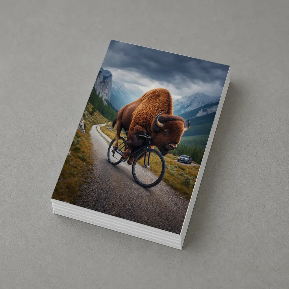 Bison Riding Bicycle on Mountain Road – Postcards