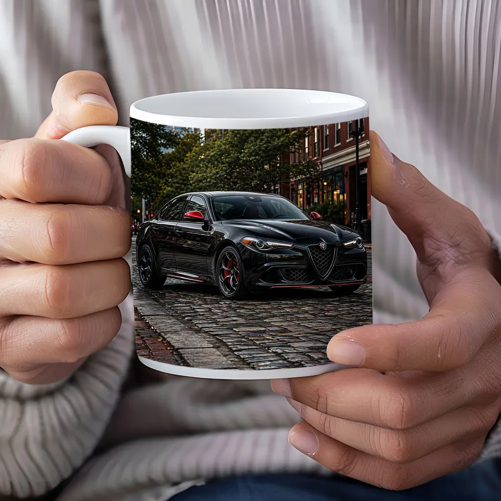 Alfa Romeo Giulia Black on Cobblestone Street – Mugs